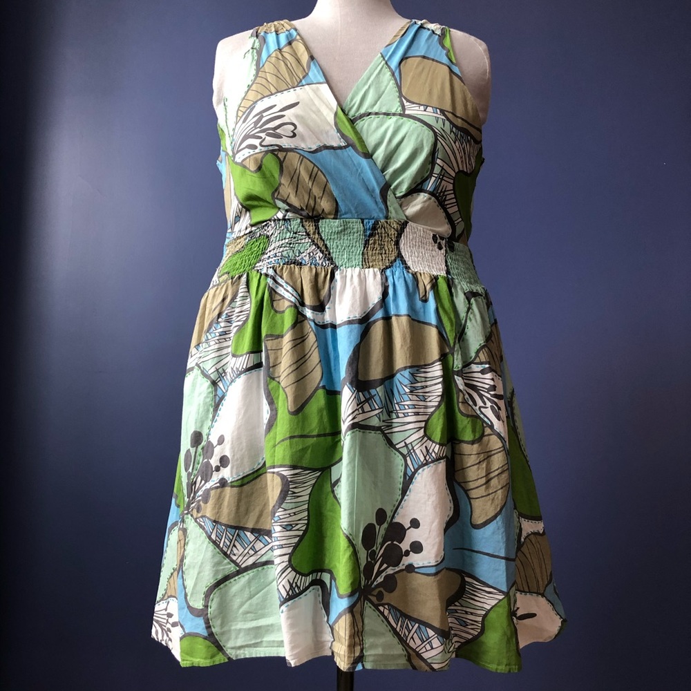 Cotton MIDI Dress Size 24 Blue Green Retro Floral